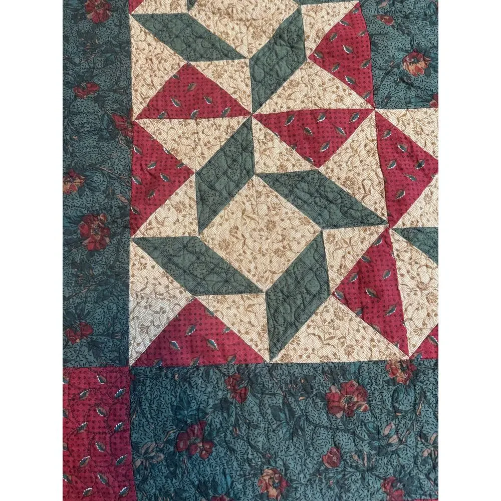 Handmade Quilt Vintage Cottage Farmhouse Cabin Fall Florals Red Green Pinwheels
